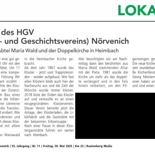 Ausflug des HGV (Heimat- und Geschichtsvereins) Nörvenich Besuch der Abtei Maria Wald und der Doppelkirche in Heimbach
